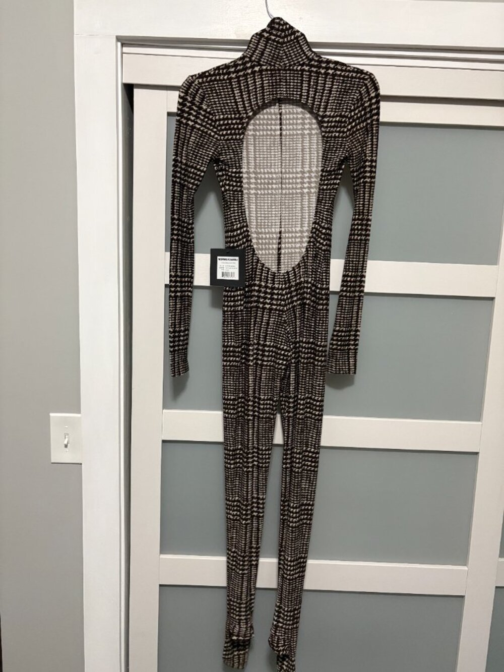 Norma Kamali Choc Glenn Plaid Tweed Catsuit Footsie Open Back Leotard sz XXS NWT - Picture 6 of 6